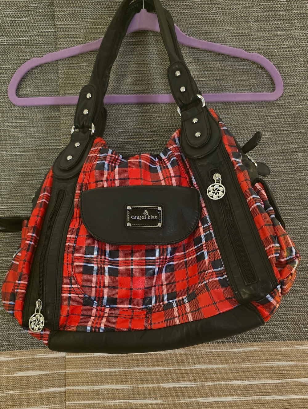 Angel Kiss Red Plaid Shoulder Bag with Black Trim